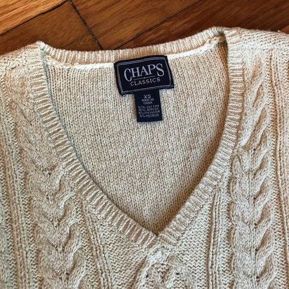 Chaps V-neck Sweater Cream - Gold Sparkle Accents - Picture 2 of 5